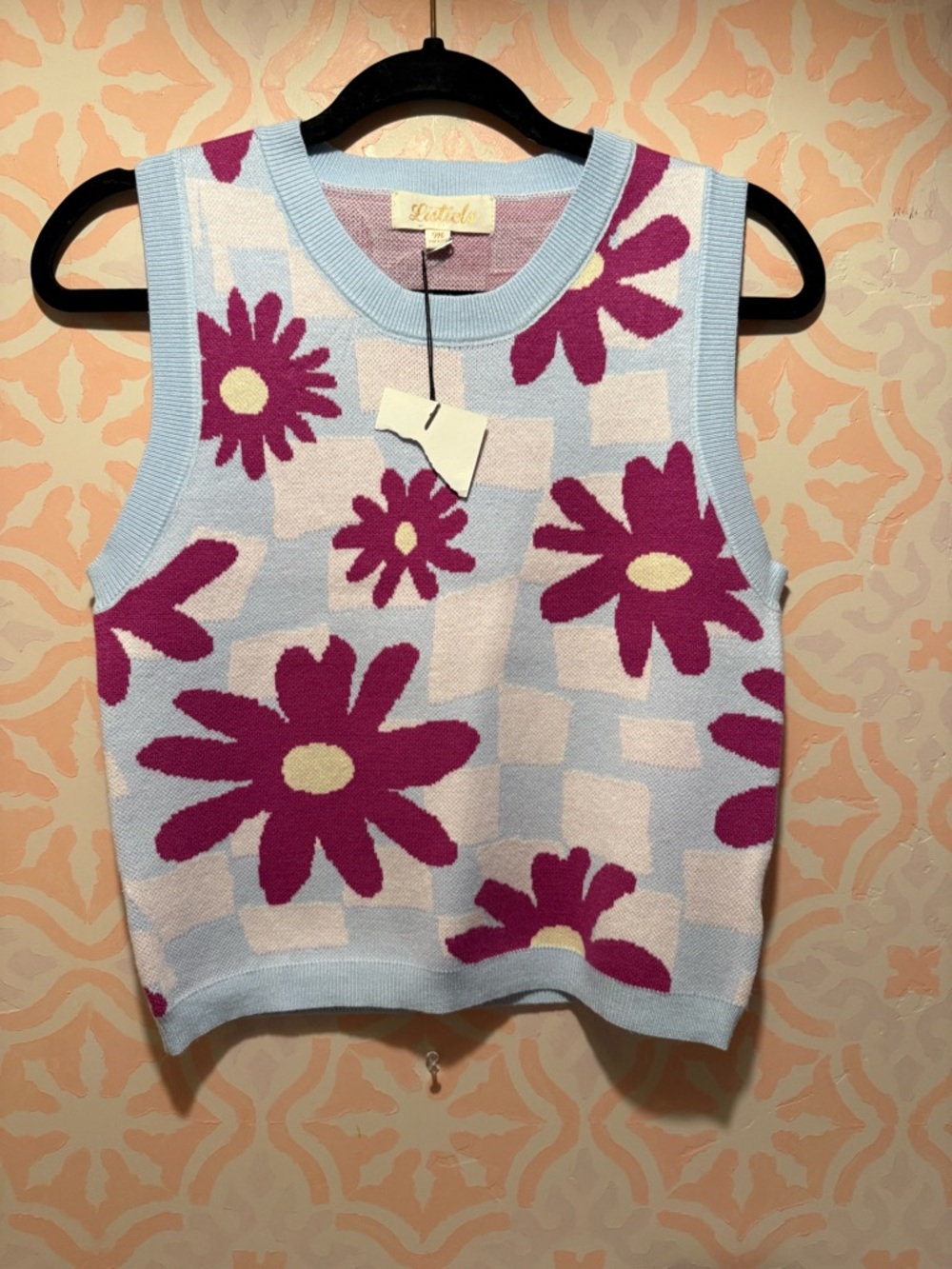 Listicle Light Blue & Magenta Floral Knit Tank